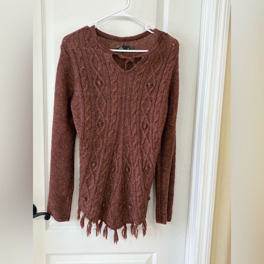 Prana Wool Blend V-Neck Sweater Tie and Fringe Detail Rich Brown Medium